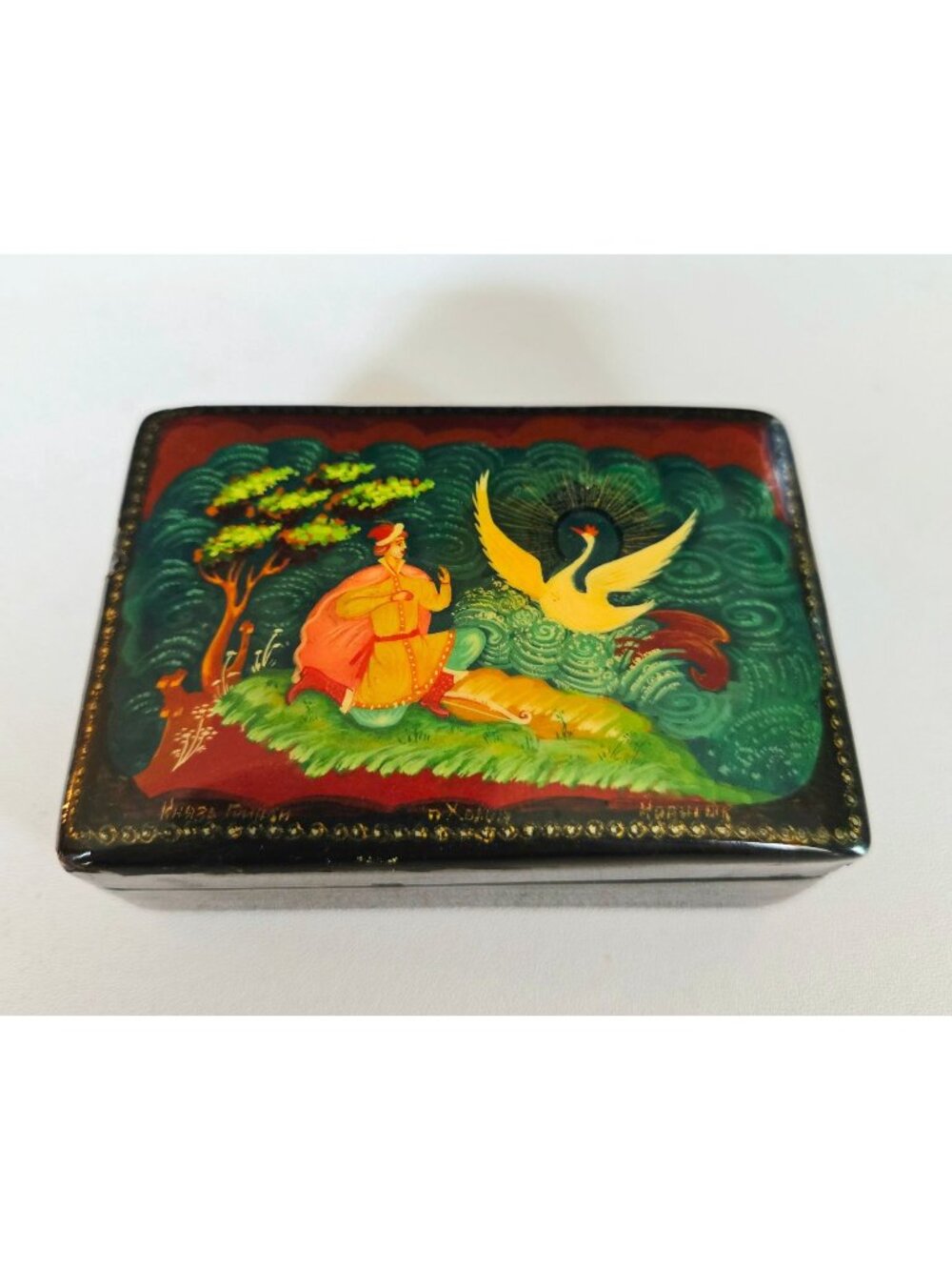 Hand-Painted Russian Lacquer Box With Enchanting Swan Scene & Gold Detail